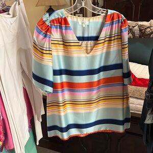 Striped V-Neck Puff Sleeve Top - Multicolor